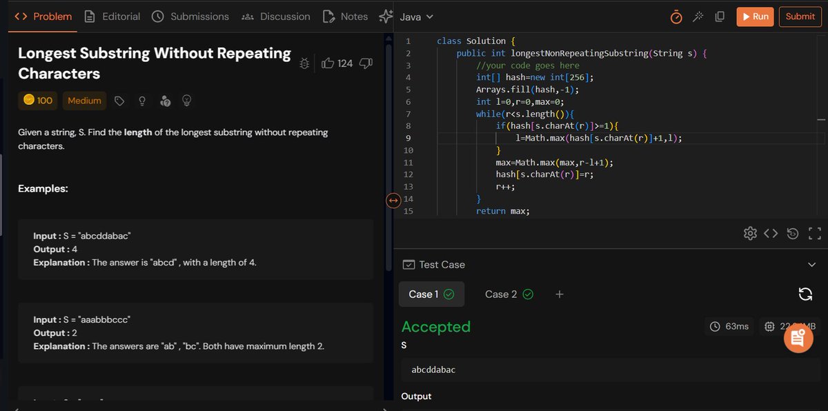 rajeshboya89's tweet image. Day 18 – #TUFWinterArc ❄️

Solved Longest Substring Without Repeating Characters 
Great practice for sliding window &amp;amp; hashing logic! 

@takeUforward_  @striver_79 
#TakeUForward #TUF #DSA #Coding