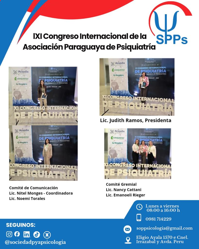 SPPs_Psicologia's tweet image. ¡La SPPs Presente en el XI Congreso Internacional de Psiquiatría!

Del 29 de octubre al 1 de noviembre de 2025, la Sociedad Paraguaya de Psicología (SPPs) presente en el XI Congreso Internacional de Psiquiatría, organizado por la Asociación Paraguaya de Psiquiatras.
#SPPs