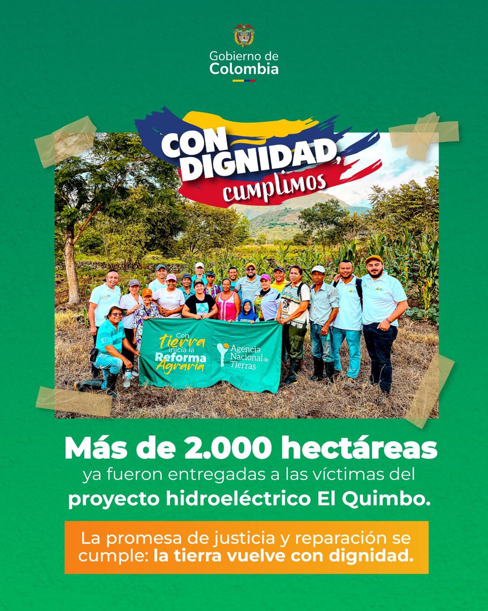 Con el Gobierno del Cambio, la tierra vuelve a tener memoria,pues más de 2.000 hectáreas ya han sido entregadas a las víctimas de El Quimbo, en el Huila, cumpliendo la promesa de avanzar en una reparación histórica que devuelva la dignidad. #ConDignidadCumplimos