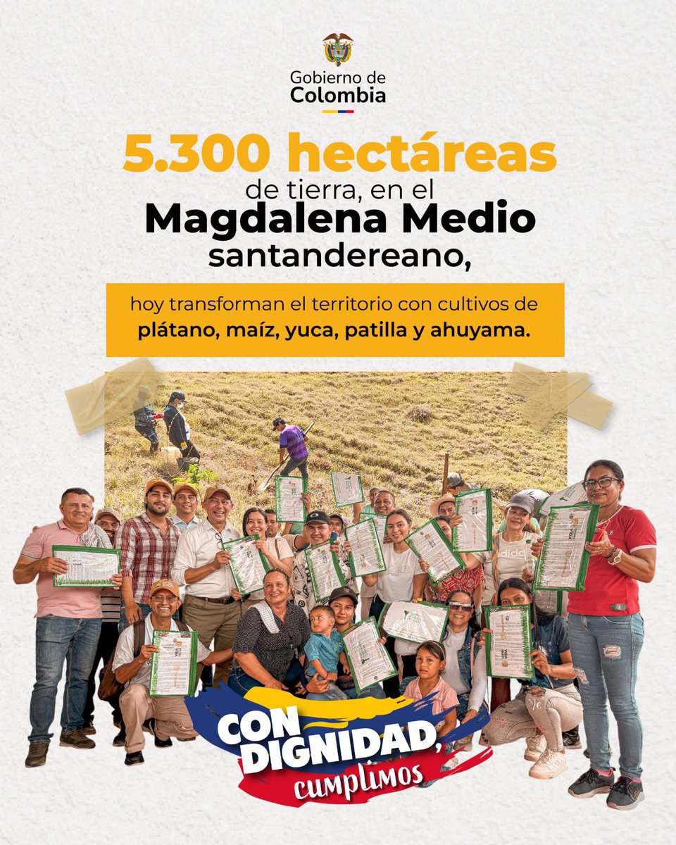 En el corazón del Magdalena Medio santandereano, 5.300 hectáreas hoy producen en manos campesinas que cultivan vida y progreso. Tierra con dueños legítimos, campo con esperanza y comunidades que vuelven a creer. #ConDignidadCumplimos