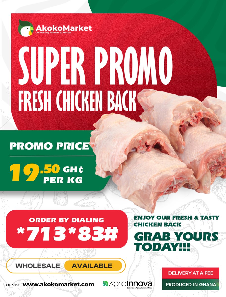 AkokoMarket's tweet photo. 🎉 We are BACK again. BIG DISCOUNT same FRESH and TASTY chicken back 🐔🐓. Buy 1KG for only GH¢19.50. Dial *713*83# now!

#poultry #juicy #wholesale #ordernow #Promotion #fresh #Ghana #chicken #chickenrecipes #chickenback #chickenbacks #weekendvibes #ghana https://t.co/YR7VlNk5SN