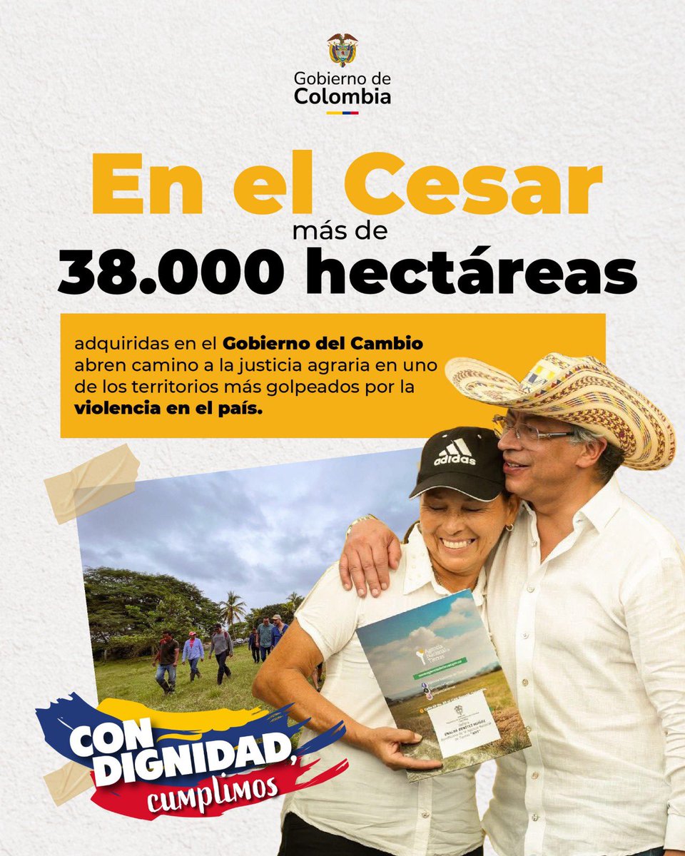 En el departamento del Cesar, la tierra cambia de manos y de destino. Con más de 38.000 hectáreas adquiridas durante este Gobierno, muchas familias campesinas están dejando atrás décadas de incertidumbre para sembrar esperanza, producir y vivir con dignidad. #ConDignidadCumplimos