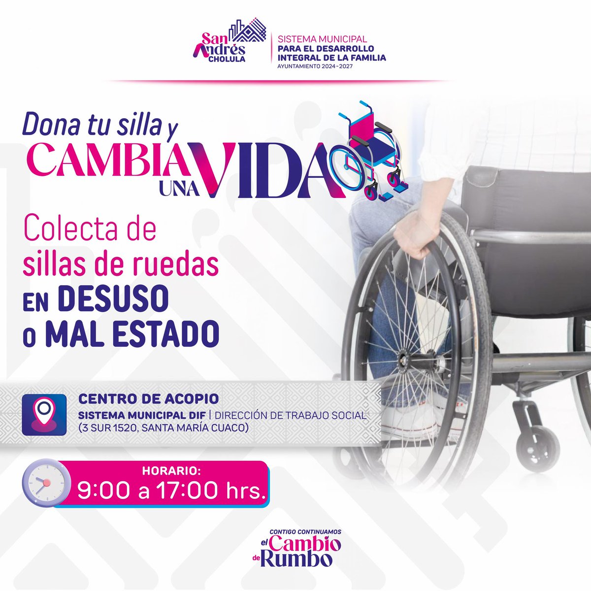 ♿💙Transformemos juntos la realidad de quienes lo necesitan. 
Contribuye a brindar esperanza a más familias, ✨ súmate a la campaña “Dona tu Silla y Cambia una Vida”.

📍Centro de Acopio: Sistema Municipal DIF.
🕘9:00 a 17:00 hrs. 

#ContigoContinuamosElCambioDeRumbo