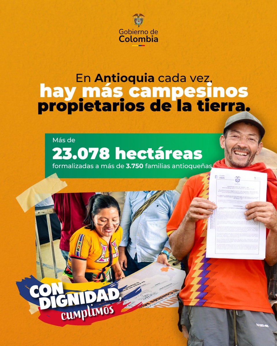 PereaFarlin's tweet photo. Por fin Antioquia se empieza a convertir en un departamento de campesinos y campesinas propietarias de la tierra. Para que nunca los vuelvan a despojar, para que la dignidad sea real en el campo. Más de 3.750 familias han recibido el título de su tierra ✅🥑#ConDignidadCumplimos https://t.co/YZ9fou2iVZ