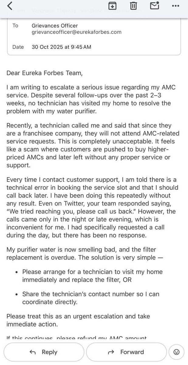 varghesevts's tweet photo. @EurekaForbes It’s a scam! @EurekaForbes has a strong sales team that pushes products &amp; AMC plans, but once you buy, the struggle begins. Service is pathetic — no response for filter change or issues. I’ve been chasing for weeks with no help. Totally frustrating experience. #EurekaForbes https://t.co/G2WUnAe9py