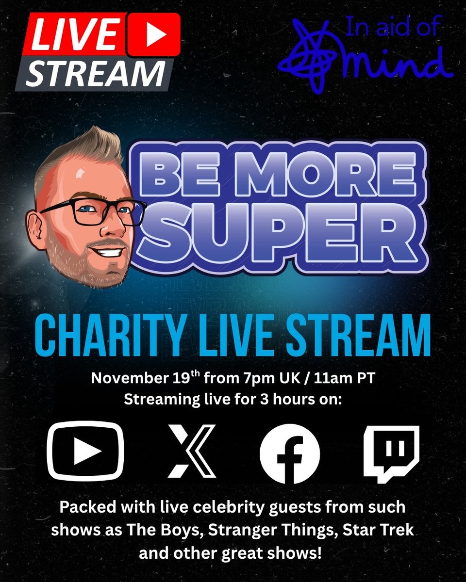bemoresuper's tweet image. 🔥🚨 THE ULTIMATE LIVE STREAM IS COMING! 🚨🔥

On Tuesday, November 19th from 7 PM UK / 11 AM PT for 3 HOURS ONLY…
I’m bringing you an epic star-studded live event with celebrity guests from:
✨ The Boys
👾 Stranger Things
🚀 Star Trek
🦸 The Marvel Universe

⭐ Streaming LIVE…