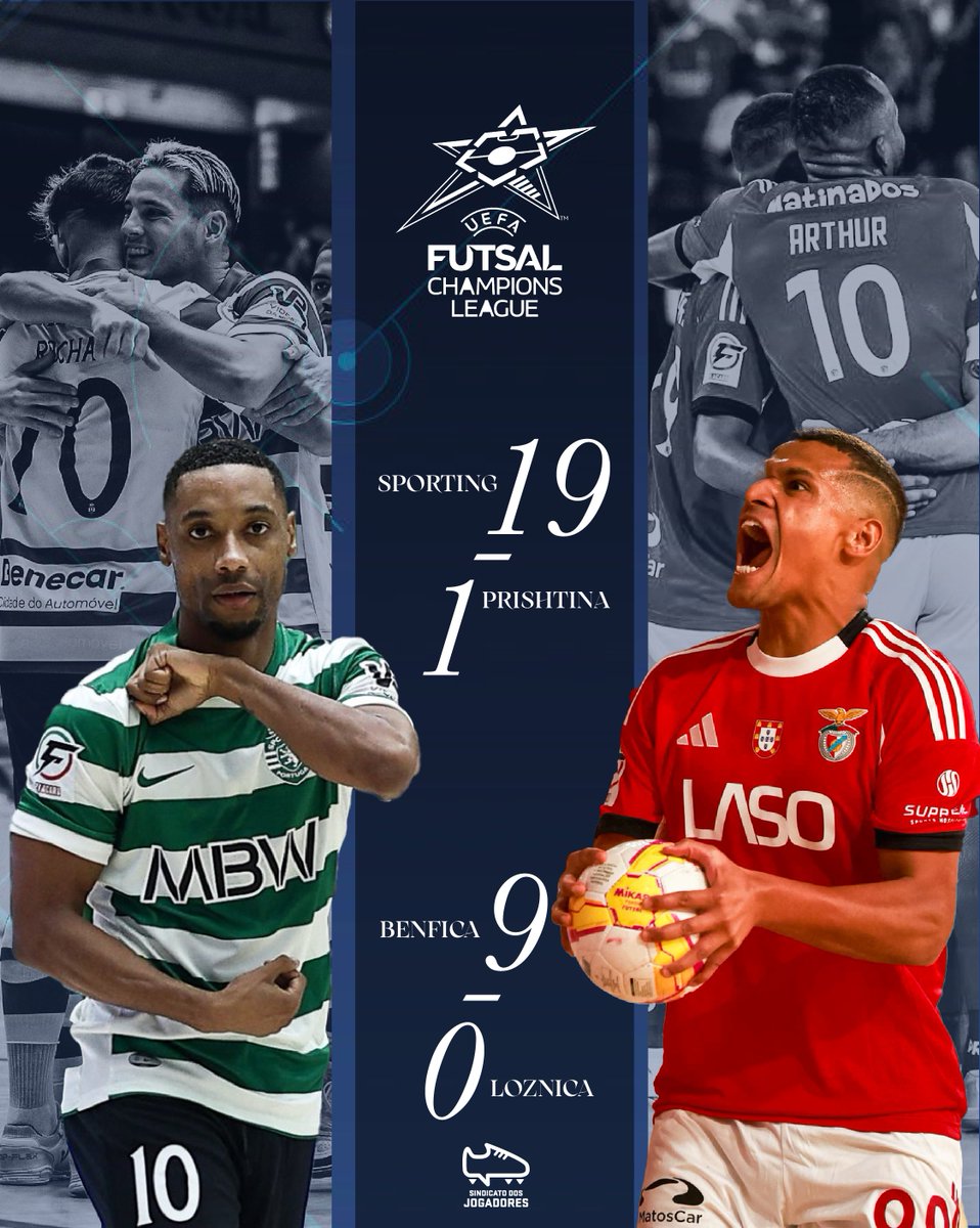 Foi uma entrada avassaladora do <a href="/SCPModalidades/">Sporting CP - Modalidades</a>  e do <a href="/modalidadesslb/">SLBenfica Modalidades</a>  na Ronda Principal da UEFA Futsal Champions League 2025/26.

As duas equipas portuguesas podem garantir hoje o apuramento para os oitavos de final: sjogadores.pt/?pt=news&op=OP…

#Futsal
#UFCL
#Sporting
#Benfica