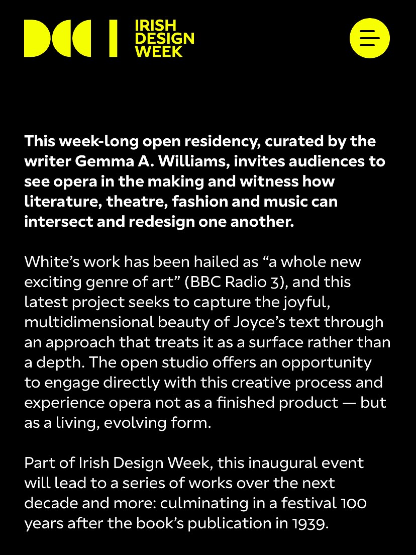 AlWhiteMusic's tweet image. How do you adapt Finnegans Wake? Join @Gemmacurates and I for a week-long residency at the @MacDonaghMuseum for @DCCIreland #irishdesignweek as we open up Joyce’s “book of the night” — to capture its multidimensional, effusive beauty through a new approach to operatic form.