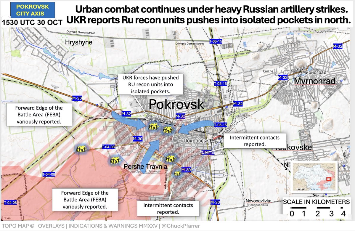 乌克兰波克罗夫斯克地区的战术地图显示了带有俄罗斯向中心地区推进的标签的城市战区、乌克兰战区前缘以红色标记、间歇性接触点、赫里夫斯克和米尔诺格勒附近侦察部队的位置、水体、道路、0 到 4 的公里比例尺，以及 10 月 30 日 1430 UTC 时的炮击指示器。