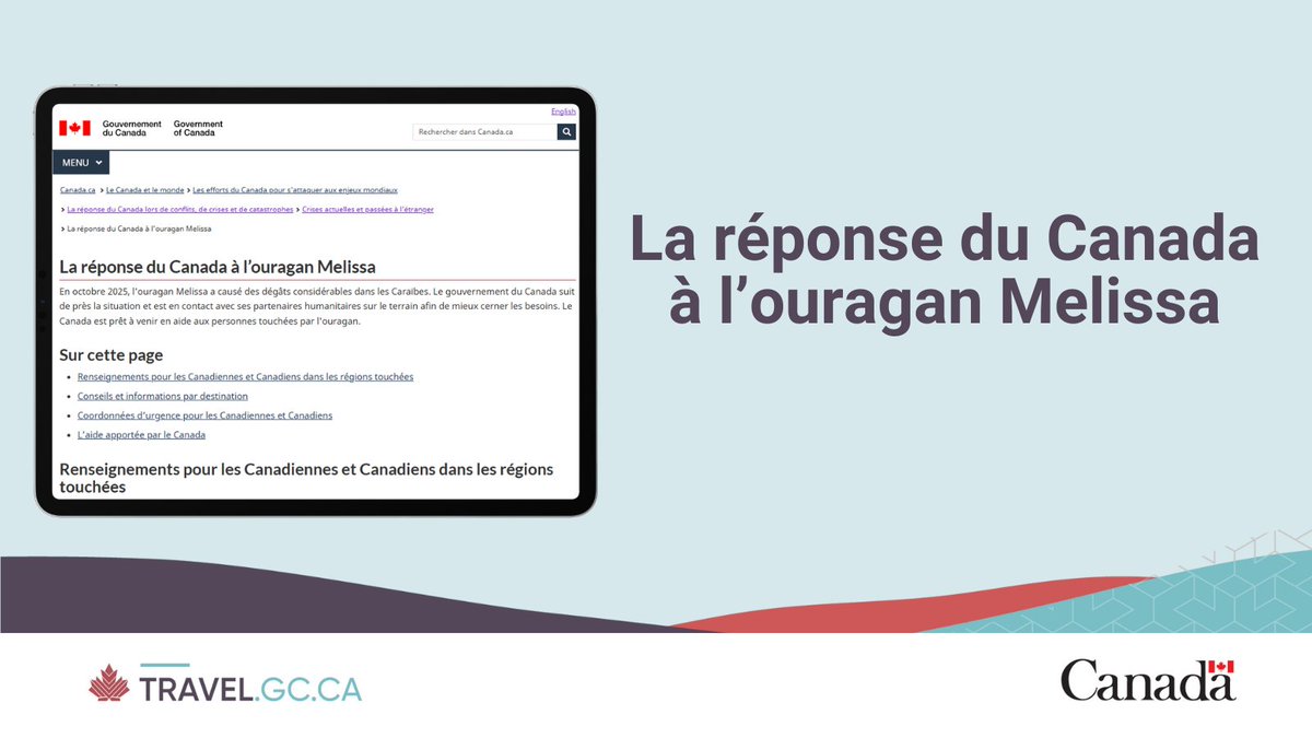 Une nouvelle page web est disponible pour les Canadiens touchés par l’ouragan #Melissa. Vous trouverez les renseignements essentiels et les coordonnées d’urgence. ow.ly/lXI850XkrqU