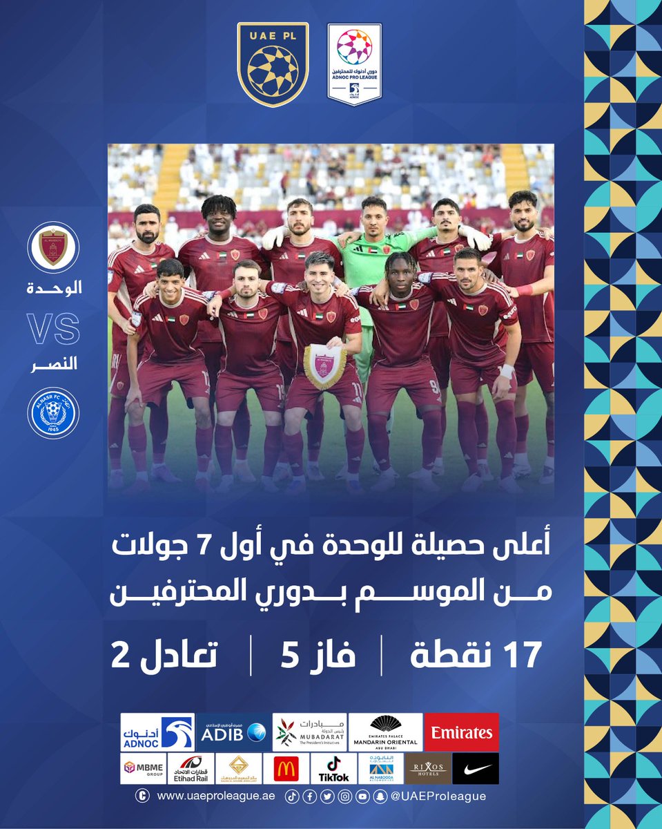<a href="/ALNasrSC/">AL NASR SC</a> <a href="/AlWahdaFCC/">AlWahda FC نادي الوحدة</a> 📊
#الوحدة_النصر

#دوري_أدنوك_للمحترفين
