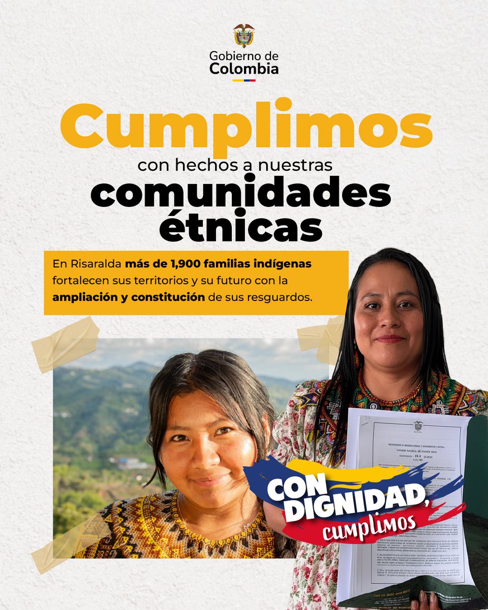 En Risaralda, la tierra vuelve a sus guardianes. La <a href="/AgenciaTierras/">Agencia Nacional de Tierras</a>  avanza en el reconocimiento y garantía de los derechos de las comunidades étnicas:

Más de 1.950 familias indígenas hoy fortalecen su territorio, su cultura y su futuro. 💚 #ConDignidadCumplimos