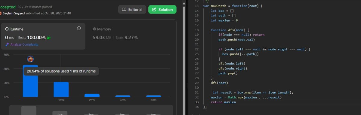 saql96061's tweet image. ✅ LeetCode #104 – Maximum Depth of Binary Tree solved!
Step by step getting better every day 🌱
#DSA #LeetCode #BinaryTree #CodingJourney #CodeNewbie #ProblemSolving #JavaScript #100DaysOfCode #ProgrammerLife #CodeWithPurpose #TechGoals #KeepGrinding