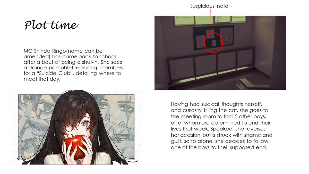 abare_retsu's tweet image. I&apos;m sure we are all long awaited, and extremely curious, but I prepared these slides a year ago bc I&apos;m insane like that. Happy playing Club s*icide and pack those tissues.