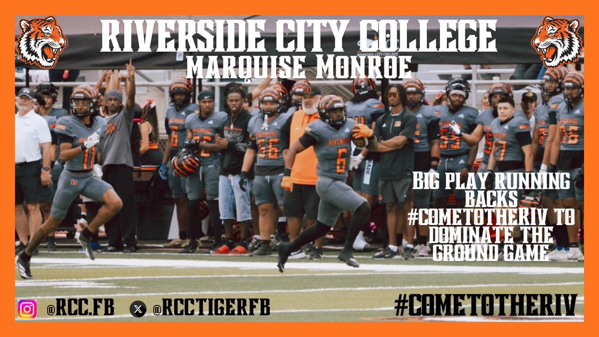 Big play running backs #cometotheRIV to spotlight their talent. With some of the best developed offensive linemen blocking the way our running backs can score from anywhere on the field.<a href="/RCCTigerFB/">RCC Football</a> has the one of the best offenses in the state for over 15 years! <a href="/MarquisMonroe6/">Marquis Monroe</a>