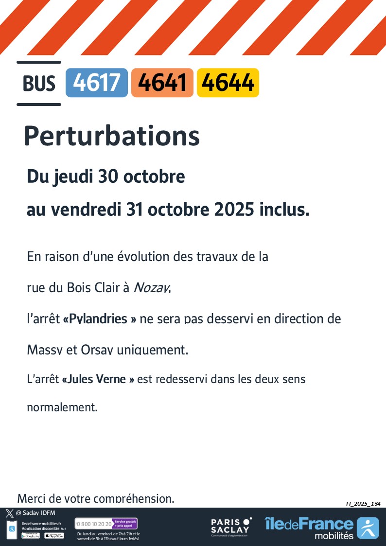 <a href="/MobParisSaclay/">Mobilités - Paris-Saclay</a> <a href="/CoeurEssonne/">Cœur d'Essonne Agglomération</a> <a href="/villesgdb91/">Ville de Sainte-Geneviève-des-Bois</a> <a href="/villesmso91/">Ville de Saint-Michel-sur-Orge</a> <a href="/VilleLongpont91/">Mairie Longpont 91</a> 🚨 #infotrafic #Travaux #Ligne4617 #Ligne4641 #Ligne4644 #evolution
‼️Du 30/10 au 31/10/25
🚧évolution TRAVAUX
❌Arrêt 'Pylandries' non desservi
✅Arrêt 'Jules Verne' desservi dans les deux sens
<a href="/MobParisSaclay/">Mobilités - Paris-Saclay</a> <a href="/CoeurEssonne/">Cœur d'Essonne Agglomération</a> <a href="/villesgdb91/">Ville de Sainte-Geneviève-des-Bois</a> <a href="/villesmso91/">Ville de Saint-Michel-sur-Orge</a> <a href="/VilleLongpont91/">Mairie Longpont 91</a>