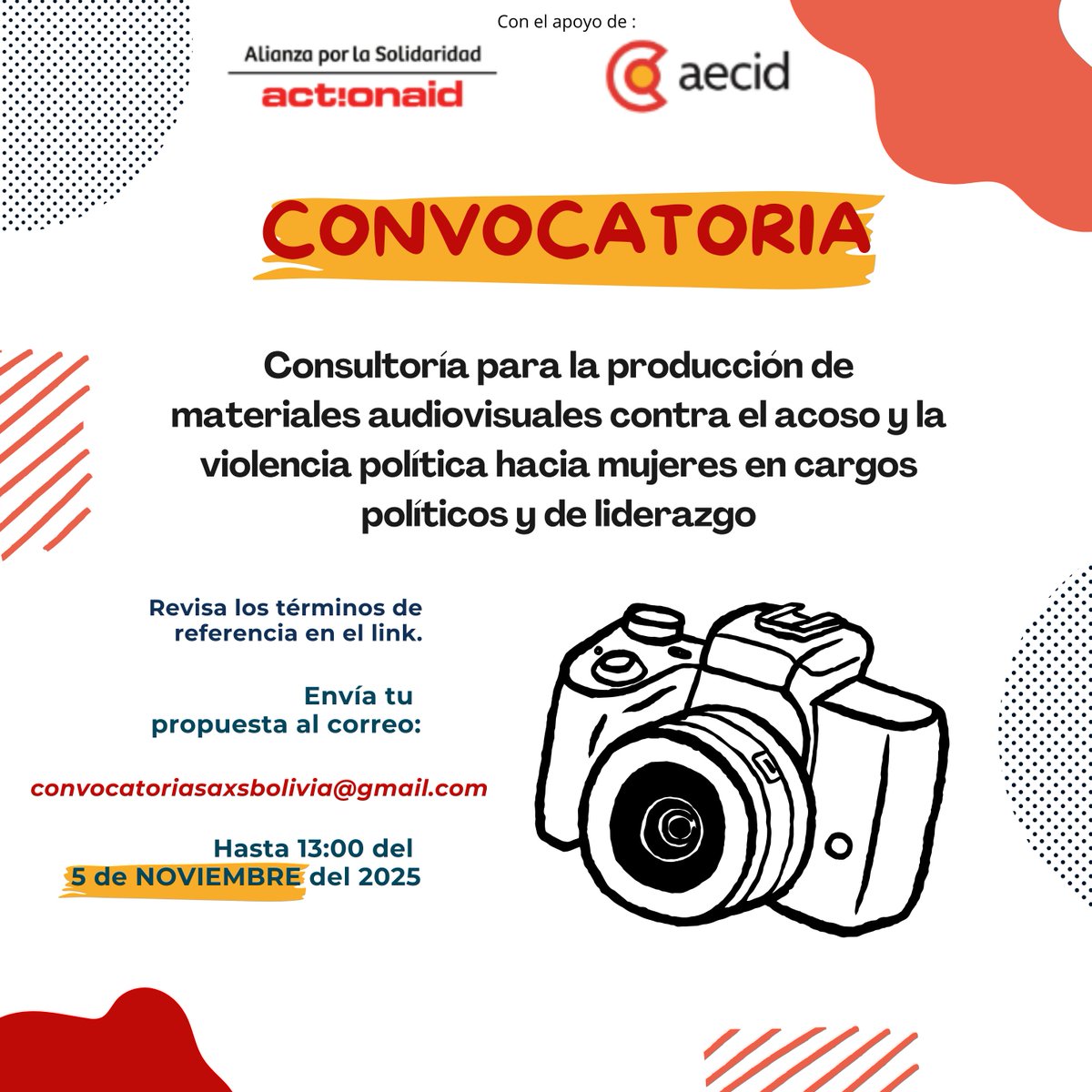 📢 CONVOCATORIA PÚBLICA

Requerimos una consultoría para la producción de audiovisuales contra el acoso y la violencia política hacia mujeres en espacios de liderazgo.

📄 TDR: aporlasolidaridad-my.sharepoint.com/:b:/g/personal…
💌 convocatoriasaxsbolivia@gmail.com
⏰ Plazo: 5/11/2025 – 13:00

#Convocatoria
