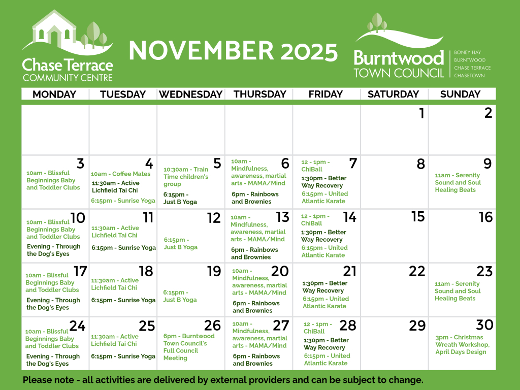Chase Terrace Community Centre - we've had lots of enquiries about what is available at our brand new venue &amp; are delighted to share with you the schedule of regular activities for November.  If you're interested in hiring contact us at ctcc@burntwood-tc.gov.uk or on 01543 677166