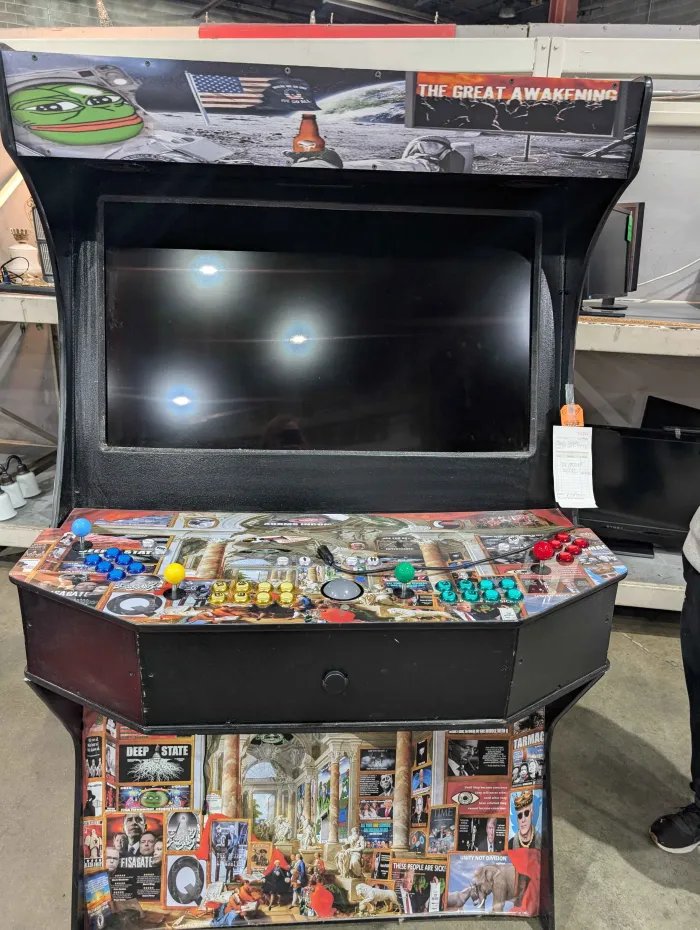 meowdcore's tweet image. a couple months ago my local thrift was listing this homemade Q-anon arcade cabinet for $3k. (lol) Yesterday, i bought it for $250. Just look at this fucking thing