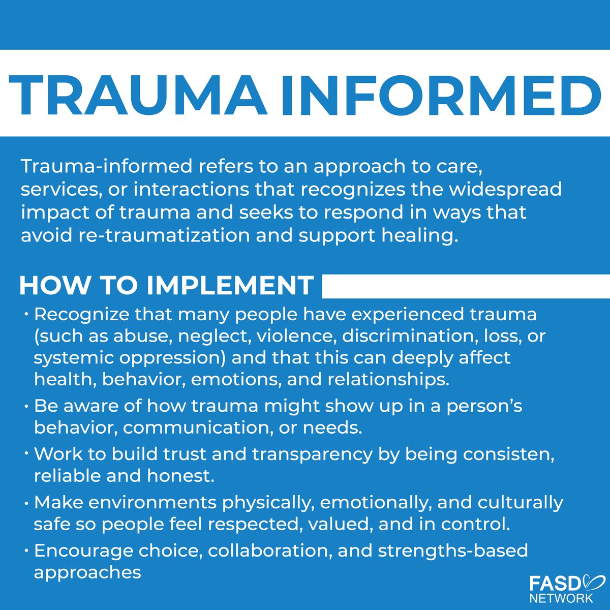 SaskFASDNetwork's tweet image. Trauma-informed care and FASD-informed practice go hand in hand. Both approaches recognize that challenging behaviors are often protective responses, not choices