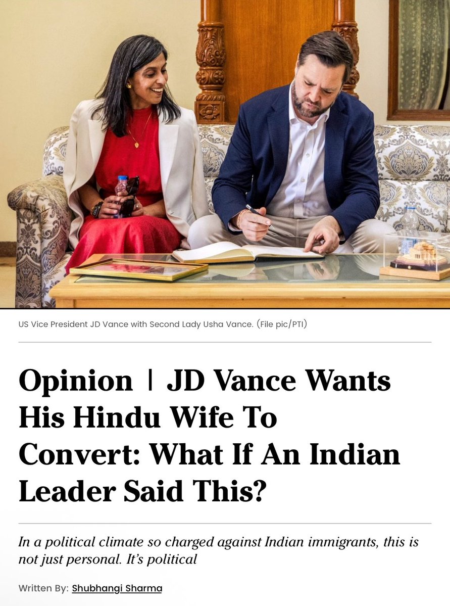 ItsShubhangi's tweet image. Vance’s public remarks cast his wife’s faith as a kind of problem to be fixed, a soul yet to be “moved.” It’s the image of a husband proselytising to the woman who has only ever supported him. She gave up her career for him. Trusted him enough to make three children with him.…