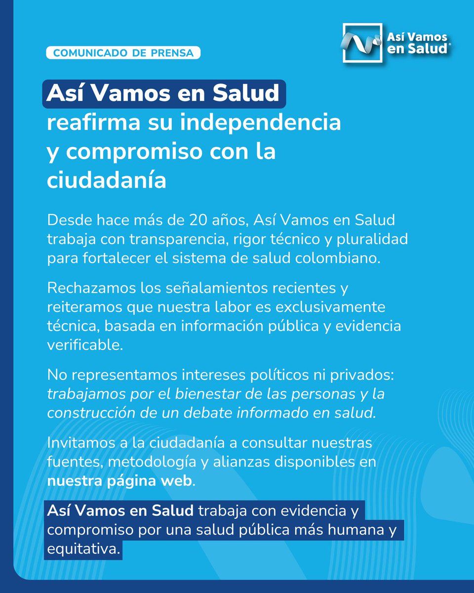 AsiVamosenSalud's tweet photo. En Así Vamos en Salud reafirmamos nuestro compromiso con la independencia, la transparencia y el rigor técnico. Nuestras alianzas son públicas y diversas, y nuestras decisiones se sustentan en la evidencia y el interés colectivo. https://t.co/qYMMkLRMcS