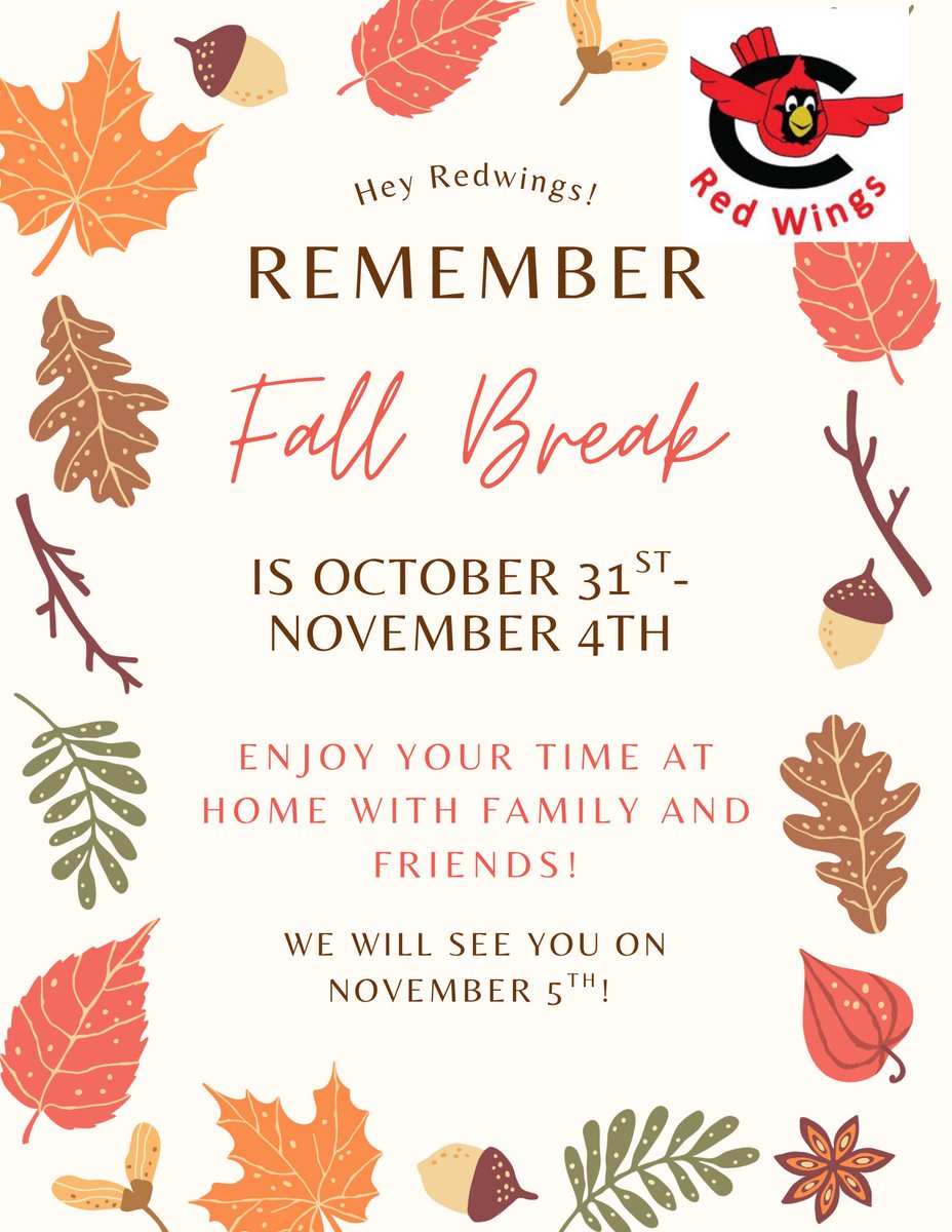 Fall break starts tomorrow! Enjoy your time off — we will see you next Wednesday! 🍂🍁🍃