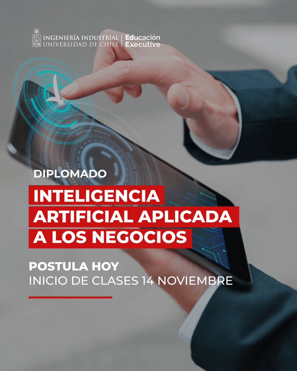 edexuchile's tweet photo. 🚨 ¡Últimos días para unirte al Diplomado en IA Aplicada a los Negocios de la U. de Chile!
Clases 100% online en vivo.
Aprende a aplicar la #InteligenciaArtificial con visión estratégica y ética.
💥 ¡Postula hoy!
👉 https://t.co/Xz9yGtMK3G
#IAParaLosNegocios #EdExUChile https://t.co/OjDShc2K6W