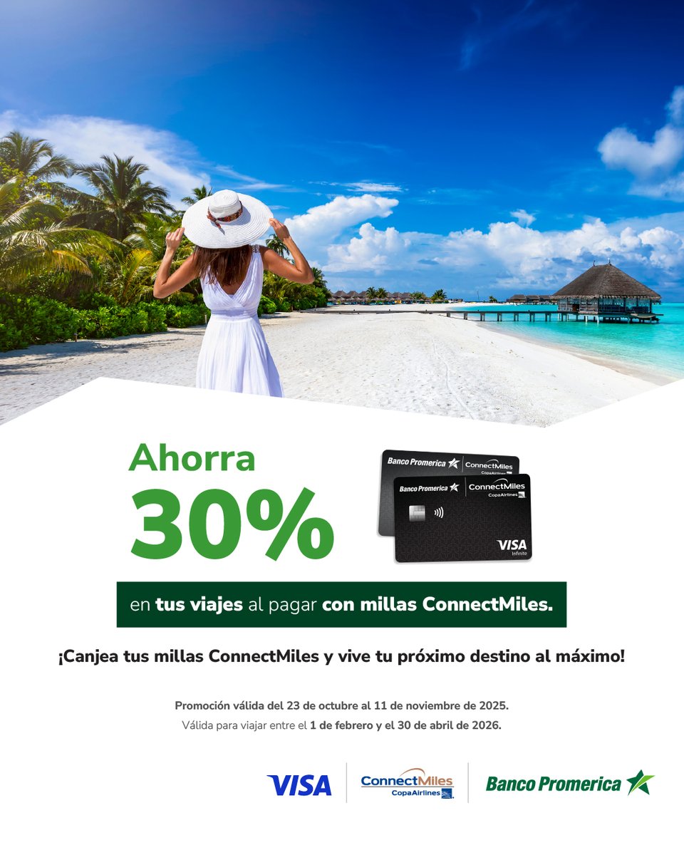 ¡Canjea tus millas ConnectMiles y vive tu próximo destino al máximo!
Aprovecha y ahorra un 30% en tus viajes al pagar con tus millas ConnectMiles.

Promoción válida del 23 de octubre al 11 de noviembre 2025.
Válida para viajar entre el 1 de febrero y el 30 de abril de 2025.