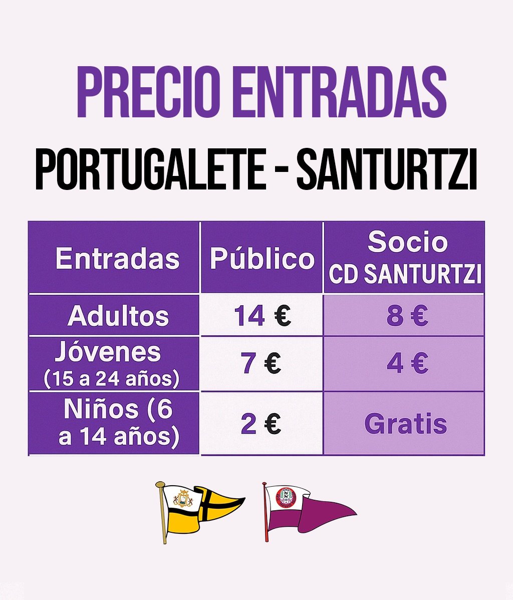🎟️ ENTRADAS | PORTUGALETE 🆚 SANTURTZI ⚽

Este fin de semana, visitamos La Florida para enfrentarnos al Portugalete.

Los socios del C.D. Santurtzi podréis acceder al partido con precio reducido.

¡Nos vemos en La Florida para animar al equipo! 💪💜