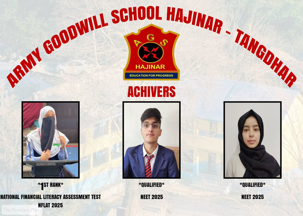 BhatBh47529991's tweet image. Army Goodwill School Hajinar - Tangdhar celebrates its bright stars 
   1st Rank in NFLAT 2025
    NEET 2025 Qualifier
Your hard work inspires us all! 
#EducationForProgress #AGSHajinar #ProudMoment #StudentSuccess