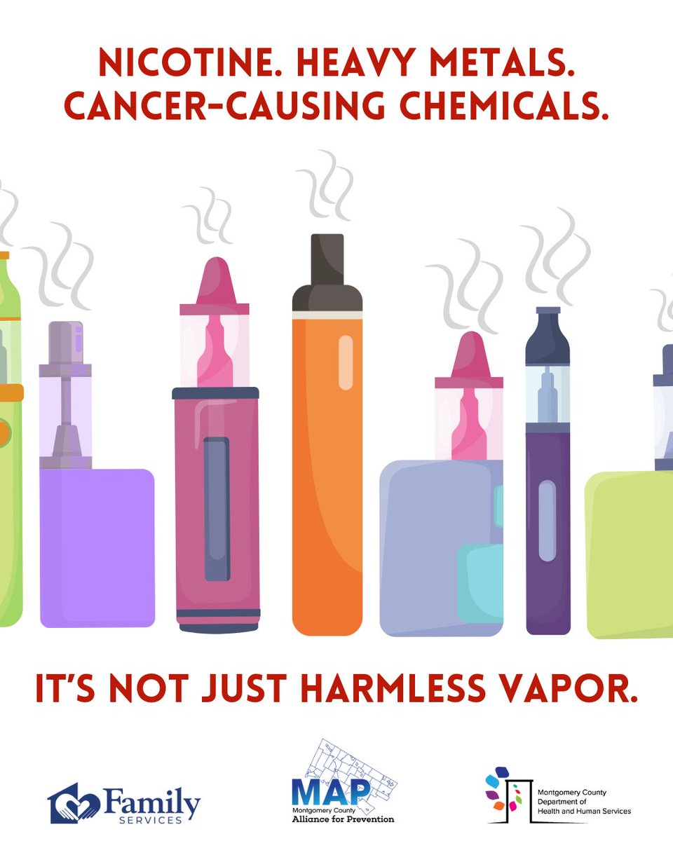 💨Vapes contain more than harmless flavored water. <a href="/CDCgov/">CDC</a> says vapes are filled with nicotine, heavy metals, &amp; cancer-causing chemicals. Even the flavoring can be dangerous. Exposure to these ingredients can➡️lung disease, ⬇️immune function, seizures, cancer, &amp; addiction.