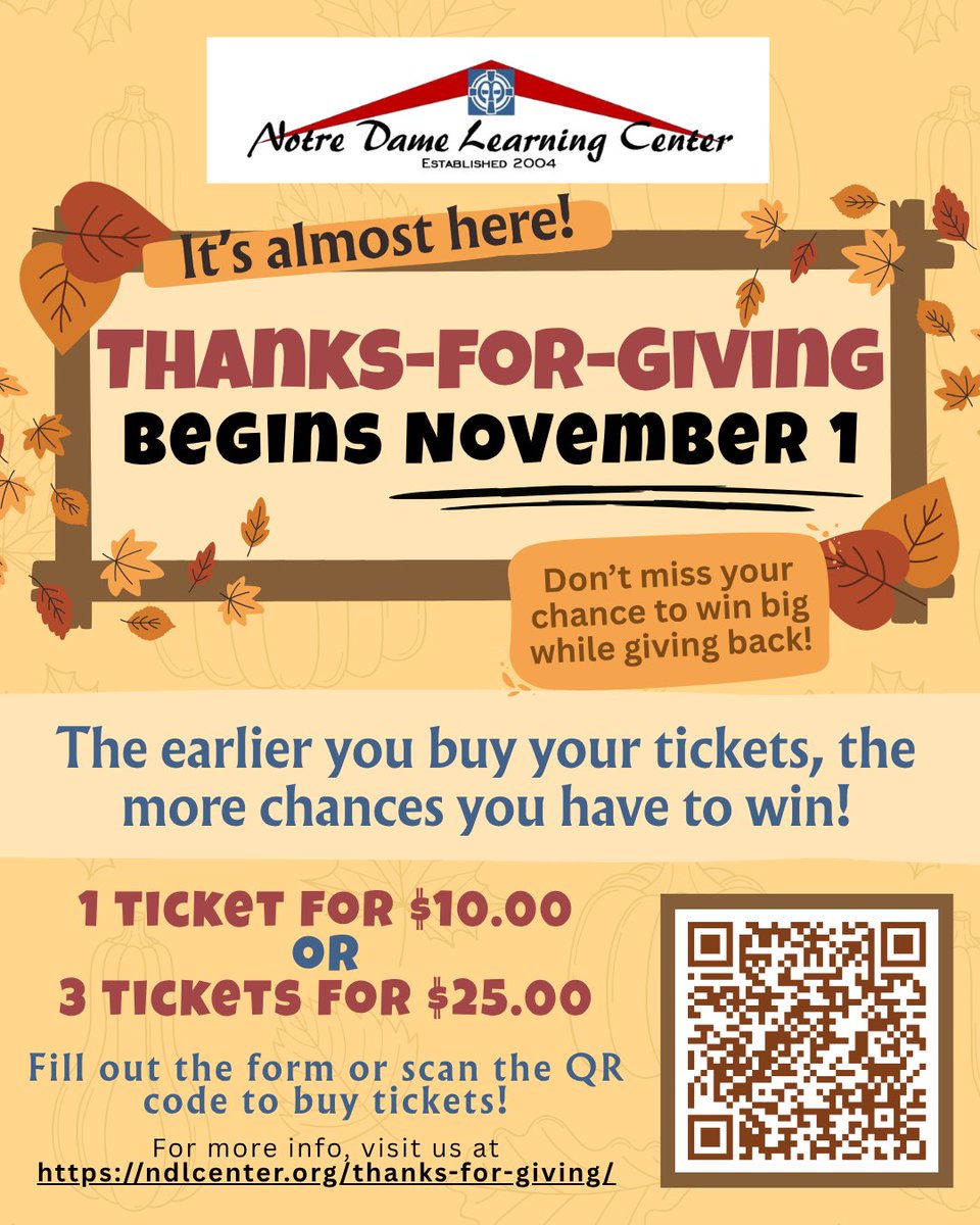 NDLCenter's tweet image. Thanks-for-Giving begins very soon!
Buy your tickets before November 1st for all 30 chances to win!

Go to our website (link in bio) ndlcenter.org/thanks-for-giv… to enter! Raffle tickets can be purchased online or by completing and submitting the form.