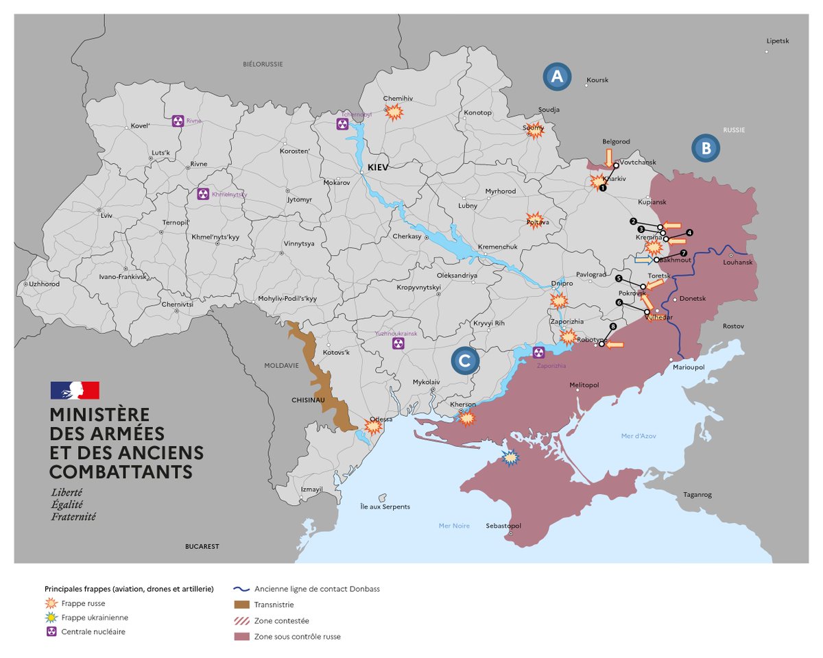 #Ukraine :
Sur le terrain, ces trois derniers jours, le front Est reste le plus actif avec une forte pression des forces russes (FAFR) notamment dans le secteur de Pokrovsk ou les forces ukrainiennes (FAU) défendent leur position pour éviter leur encerclement.

Dans la