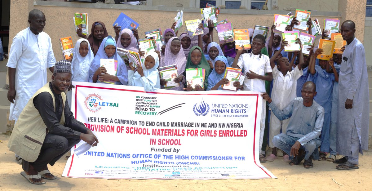 LetsaiNgo's tweet image. School materials were distributed to students under HER LIFE: A Campaign to End Child Marriage in Nigeria, promoting girls’ education, empowerment, and a future where every girl learns, grows, and thrives.

#EndChildMarriage 
#GirlsEducation 
#EmpowerHer 

@UNICEF_Nigeria 
@UN