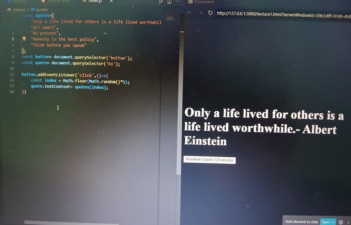 vkajal10's tweet image. Day 32&33             #BuildInPublic
📌Today I made some basic JavaScript projects like
1. Random Quote generator 
2.Background Color changer
#100DaysOfCode #CodingJourney
#WebDevelopment #JavaScript