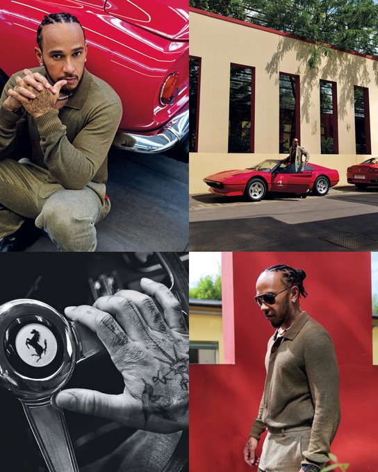 Lewis Hamilton with braided hair leans pensively against a red Ferrari car while wearing a brown shirt and pants. A yellow Ferrari 288 GTO is parked in front of a beige building with windows and trees. Another red Ferrari is visible nearby. Close-up of hands gripping a black steering wheel with a Ferrari logo. Lewis Hamilton wearing sunglasses and a brown shirt stands near a red wall with a plant.