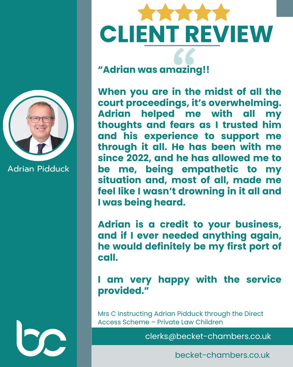 BecketChambers's tweet image. “Adrian is a credit to your business.”

Such positive feedback for Adrian Pidduck, whose dedication and compassionate approach are evident in his work through the Direct Access Scheme.

Find out more about Adrian here: becket-chambers.co.uk/barristers/adr…

#FamilyLaw #DirectAccess