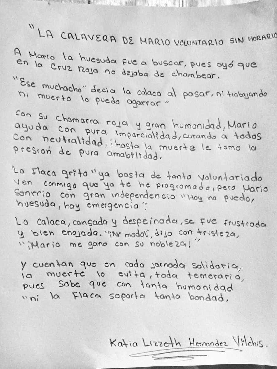 La pequeña hija de dos queridos amigos voluntarios de <a href="/CRMTOLUCA/">Cruz Roja Toluca</a> me escribió esta calaverita que me ha llegado al corazón. 
Muchas gracias Katia Lizzeth, tus palabras me dan impulso de seguir haciendo que la Cruz Roja siga creciendo y sirviendo más y mejor a nuestra comunidad.