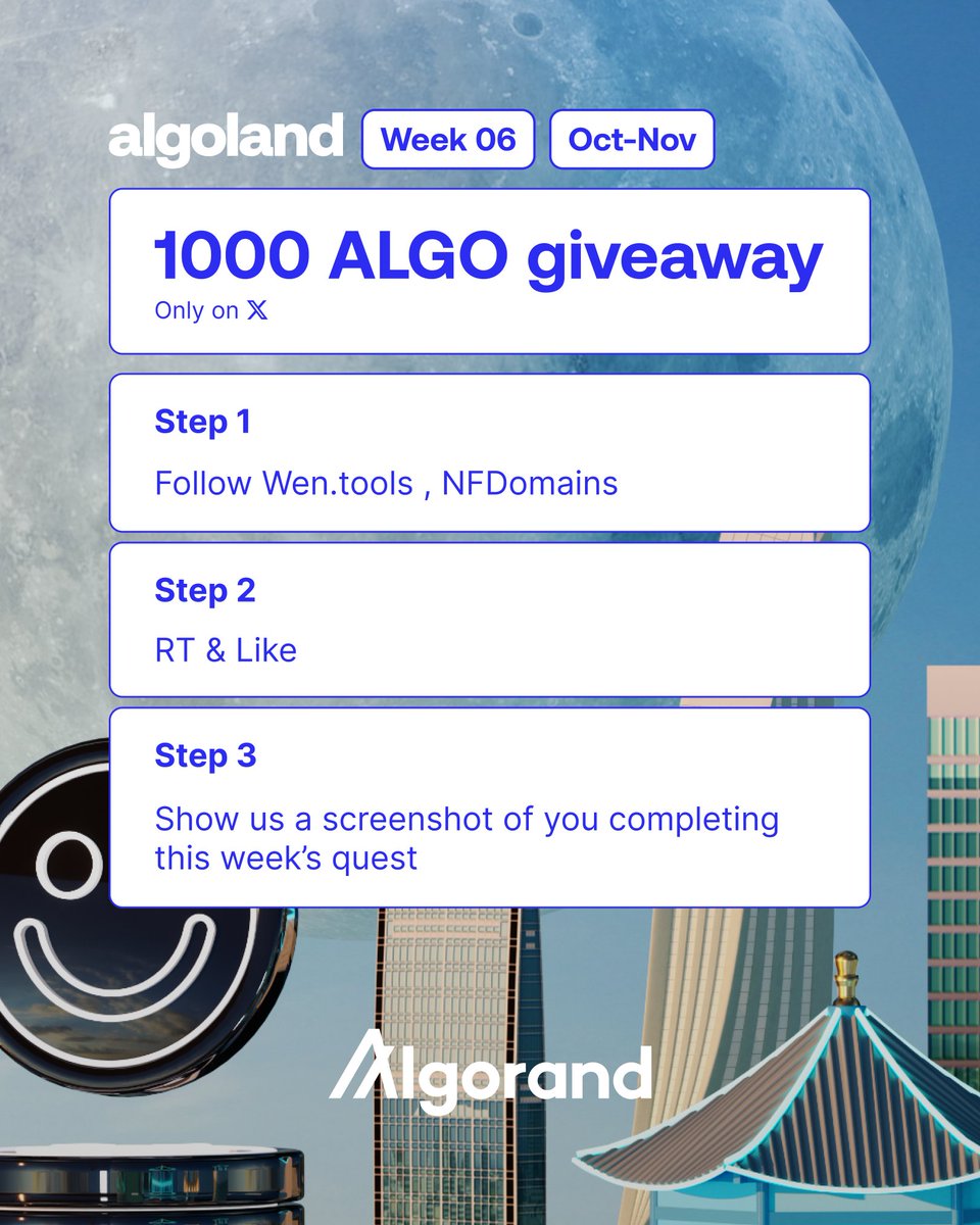 AlgoFoundation's tweet image. You can win an additional 1,000 ALGO this week as part of Algoland 🏝️
1. Follow @wendottools and @NFDomains
2. RT & Like
3. Reply with proof that you completed this week's quest