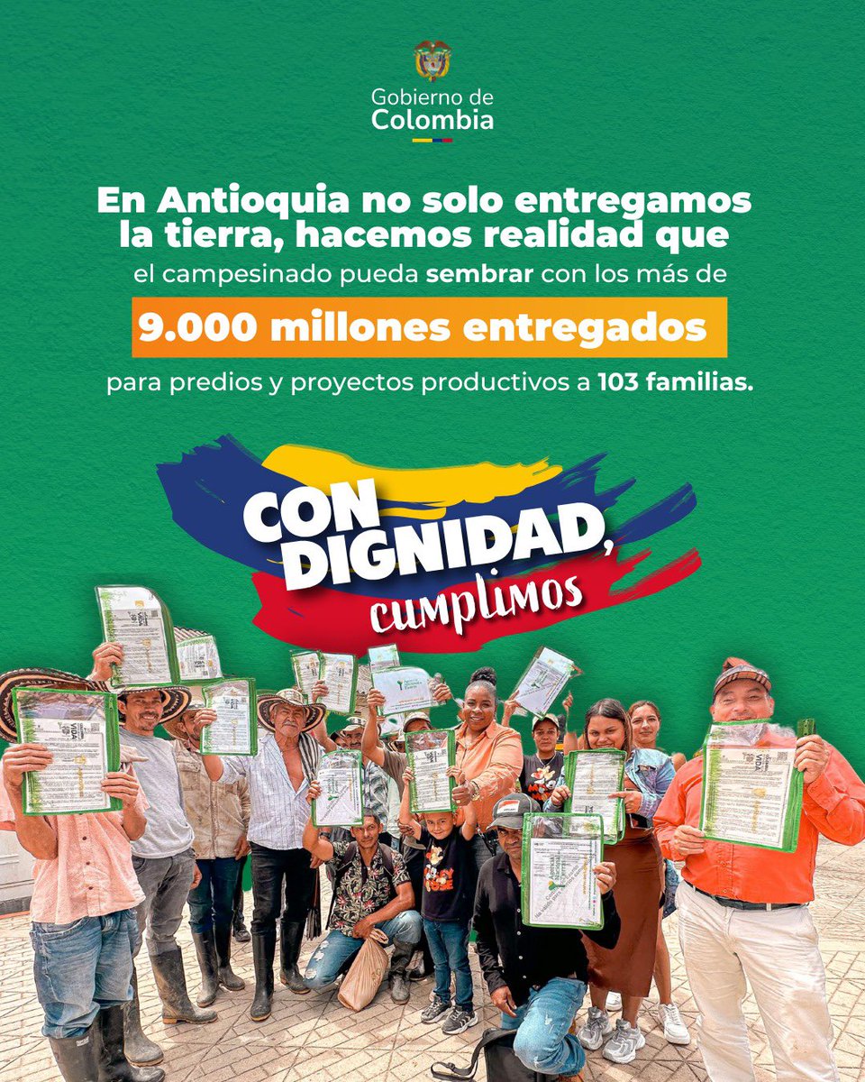 En Antioquia, durante el gobierno de <a href="/petrogustavo/">Gustavo Petro</a>, entregamos más de 9.110 millones para compra de predios y proyectos productivos a 103 familias campesinas víctimas del conflicto armado, que hoy tienen la esperanza de un futuro de paz. #ConDignidadCumplimos
