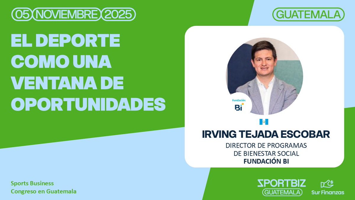 📢 Anuncio de Programa
#SPORTBIZGUATEMALA 2025 – #SurFinanzas
El deporte como una ventana de oportunidades

Una charla inspiradora sobre el papel del deporte como motor de cambio, inclusión y crecimiento, impulsando nuevas oportunidades para el futuro.

#SPORTBIZ #FundaciónBi
