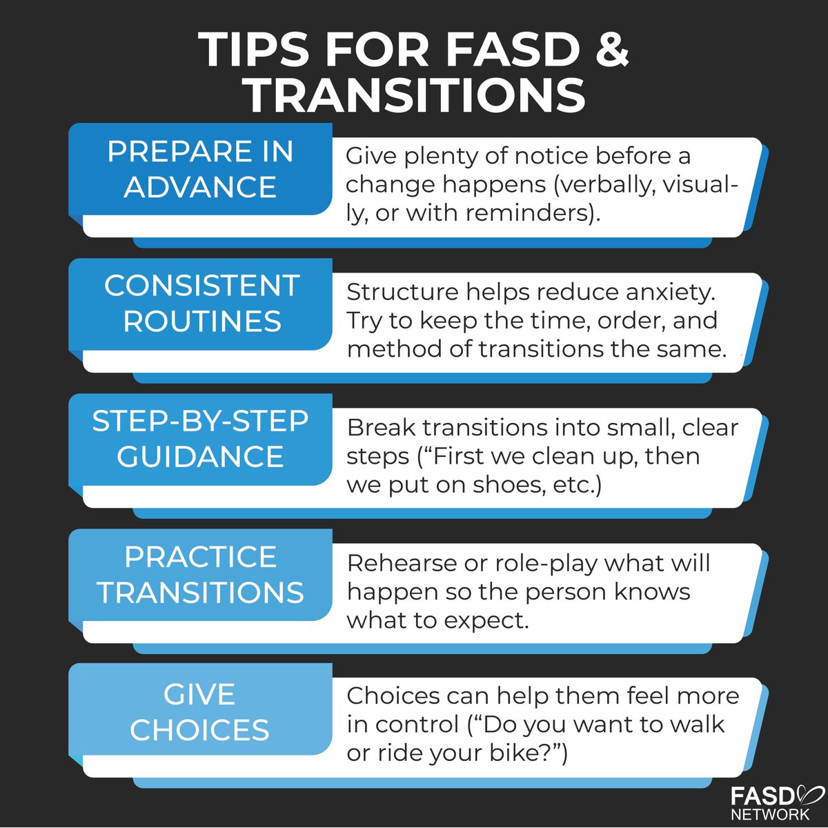SaskFASDNetwork's tweet image. Change can be hard for people with FASD.
Plan ahead. Give notice. Keep routines predictable.
Small steps make big differences