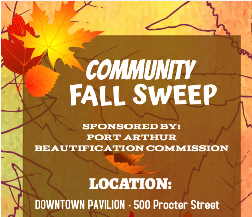 PortArthur_TX's tweet photo. Port Arthur Beautification: Fall Sweep! November 1, 2025

Please join the Port Arthur Parks and Recreation Department and the Port Arthur Beautification Committee for the annual Fall Sweep!, this Saturday, November 1, 2025, at the Port Arthur Pavilion, 500 Procter, beginning at 8:00 AM. Light refreshments will be served. Register below.

Help the Beautification Committee to Beautify Port Arthur!

https://t.co/7RKfAdzDM5