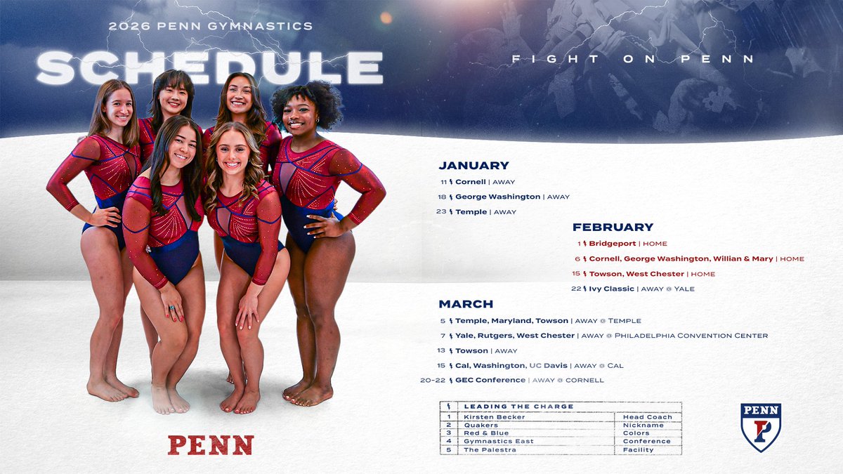 PennGym's tweet image. Coming to an arena near you... 👀

We're excited to announce our 2026 schedule!!

#FightOnPenn🔴🔵