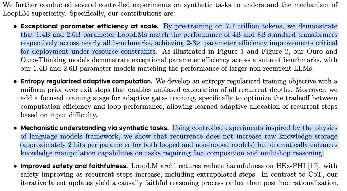 Bytedance has open-weighted the largest looped Transformer (7 trillion tokens @ 2.6b parameters) that I've heard about.

They also use some of the "Physics of Language Models"-style experiments to locate how loops improve things specifically (multi-hop, fact composition).