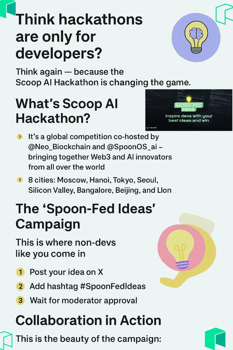 idarawhiz's tweet image. Got ideas but can’t code?
You can still win $150 in $GAS! 

Join the Scoop AI Hackathon, powered by @Neo_Blockchain &amp;amp; @SpoonOS_ai  where dreamers meet developers.

Post your idea with #SpoonFedIdeas and let builders bring it to life! 

#Neo #Web3 $NEO $GAS #crypto