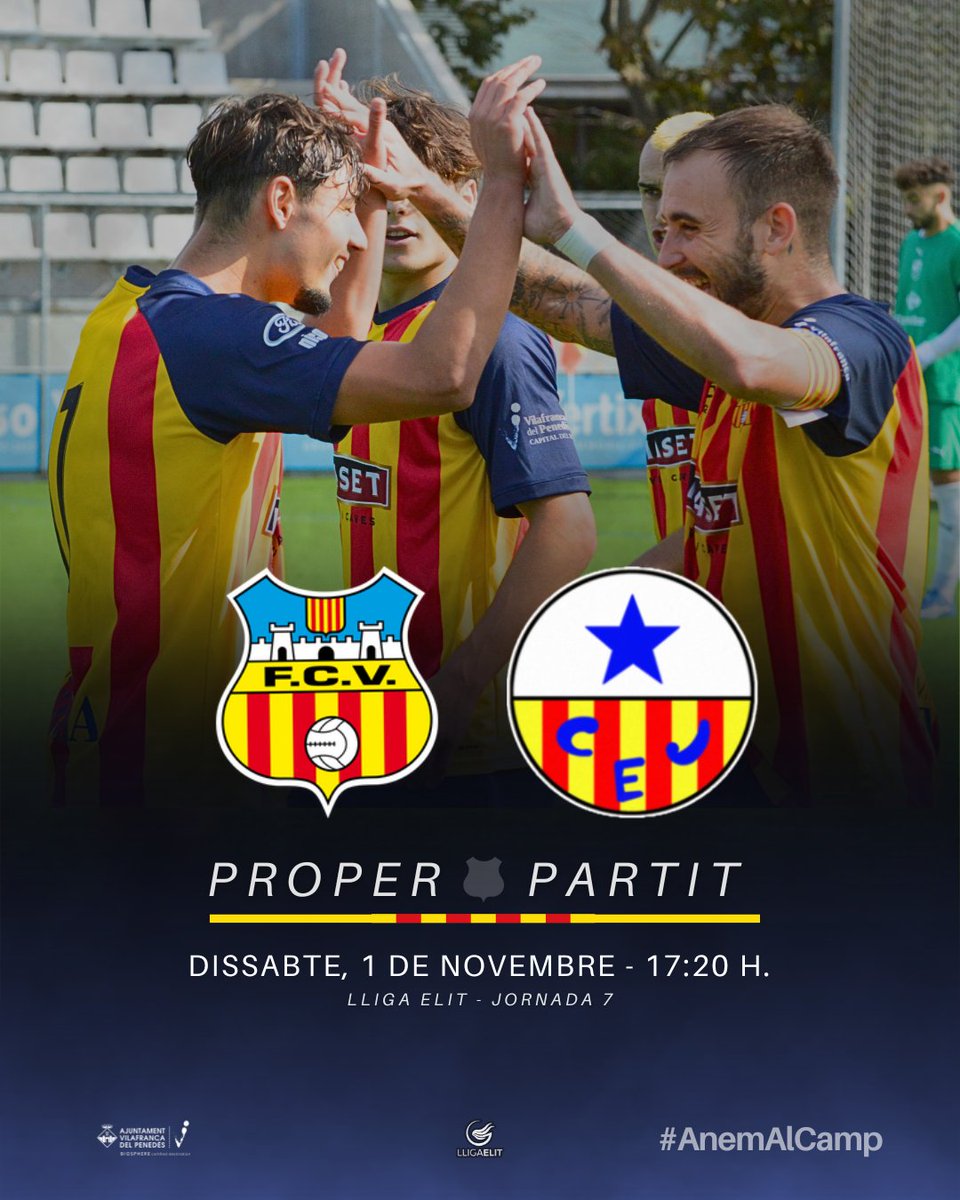 𝑷𝑹𝑶𝑷𝑬𝑹 𝑷𝑨𝑹𝑻𝑰𝑻

Aquest dissabte, dia de Tots Sants, vine al Municipal! A les 17:20h, rebrem el <a href="/CE_Jupiter/">CE Júpiter</a>, en la Jornada 7 de #LligaElit.

Partit que també serà televisat per <a href="/esportsenxarxa/">Esports en Xarxa</a>, i es podrà seguir en directe per Penedès TV.

#AnemAlCamp
#futbolcat