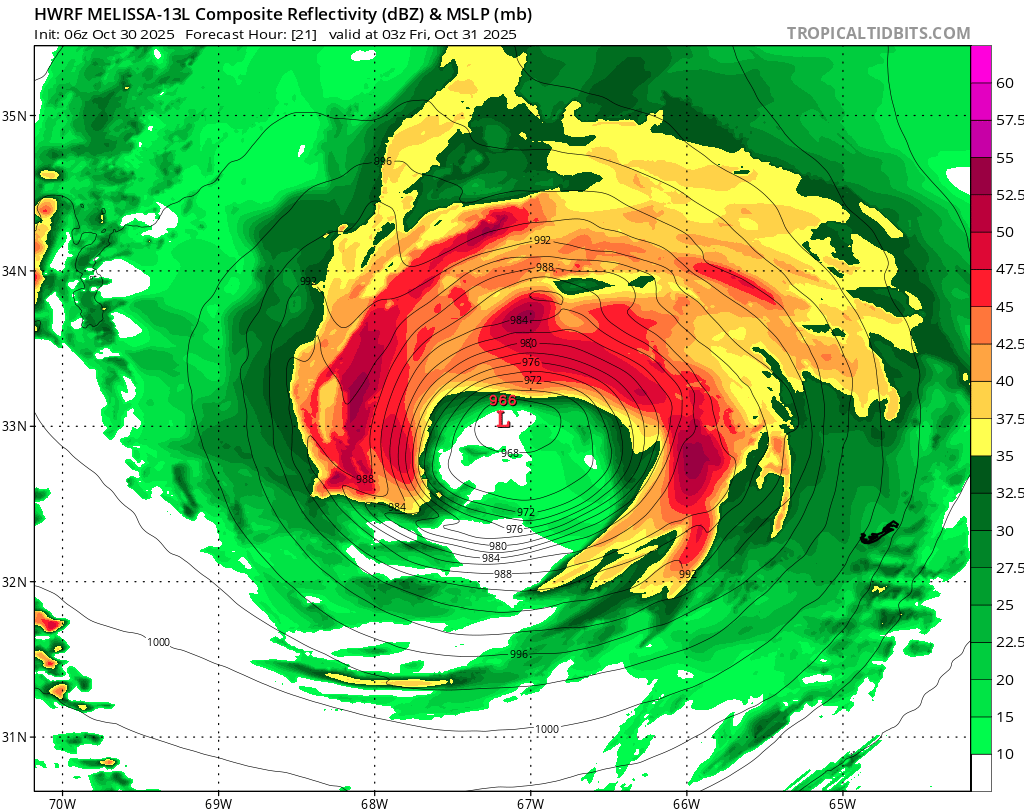 VortixWx's tweet image. For #Bermuda, some gusty to locally damaging winds are likely which will range from 45-60mph (~70-95kph); locally up to 70mph (~115kph) as well as a trace of rain, up to 1in (25mm). #Melissa could strengthen a bit but will weaken due to cooler waters.
#BMUwx #tropicswx