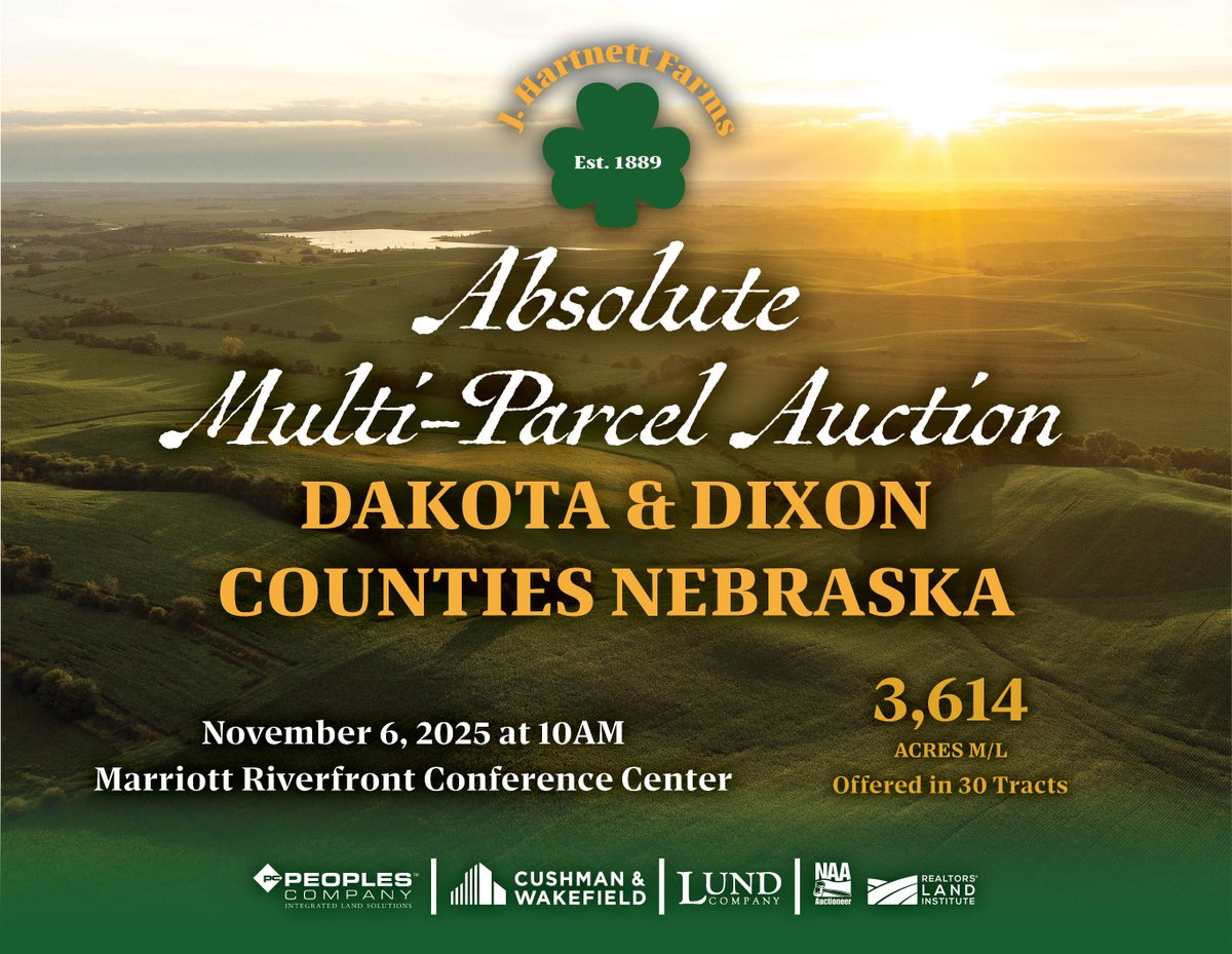 BIG NEWS from Nebraska this morning! The Hartnett Farm Auction is moving to ABSOLUTE, meaning these tracts will sell regardless of price next week!

ABSOLUTE MULTI-PARCEL FARMLAND AUCTION | 3,614 Acres M/L in Dakota &amp; Dixon Counties, Nebraska | Offered in 30 Tracts

Offering an